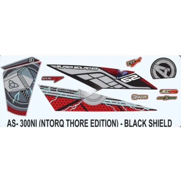 Graphics Sticker Set For Tvs Ntorq 125 | Thor Edition | Black Vehicle | Black Shield Sticker | Both Sides