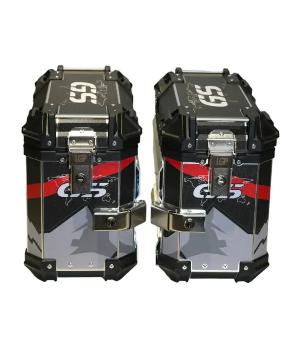 LGP Premium Aluminium GS Graphics 38L Panniers ( pair) with bracket BLACK RED - Image 2